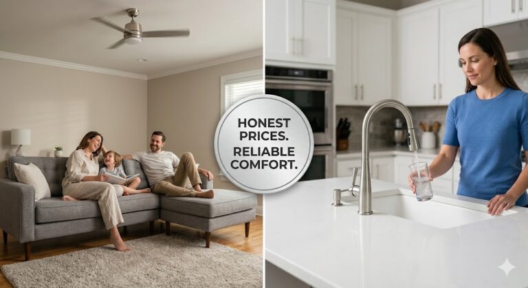 A family sits on a gray sofa in a living room, while a woman fills a glass of water at a kitchen sink. Text in the center reads: "Honest Prices. Reliable Comfort. It’s all about making your home feel just right.