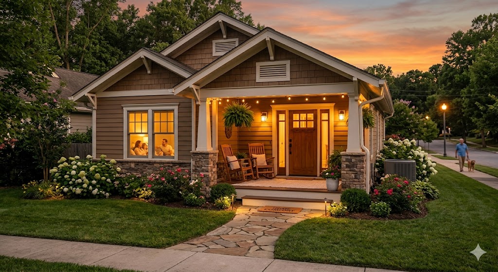 A small, craftsman-style house with a front porch lit by warm lights sits surrounded by a manicured lawn and flowering shrubs at sunset. People gather about the home, both inside and outside, creating a welcoming atmosphere.